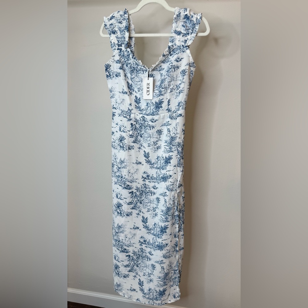 Blue Toile Ruffle-Strap Midi Dress